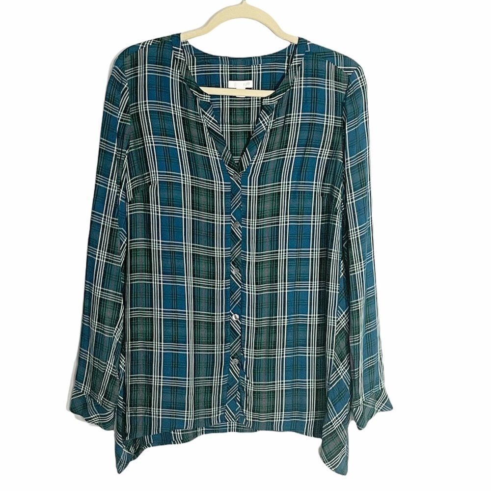 🟢J. Jill Green Blue Plaid Rayon Button Front Blouse S